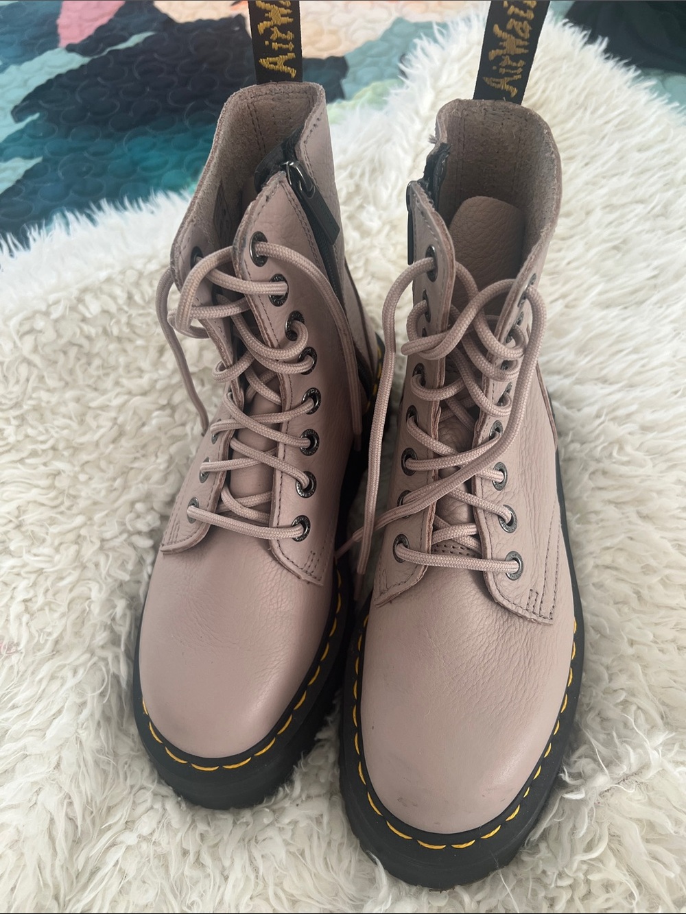 Dr. Martens Women's Lace-Up Boots in Dusty Pink with Yellow Stitching